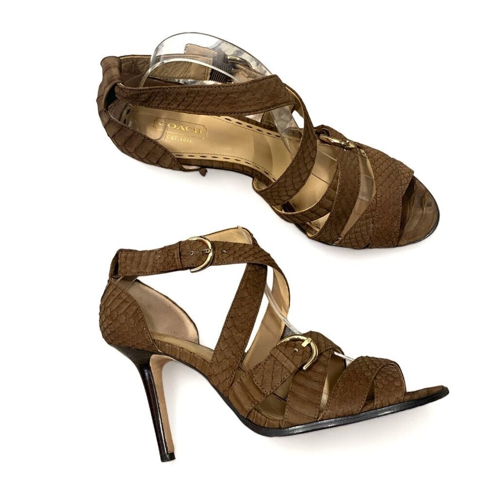 COACH Fawn Strappy Sandals Stiletto Heel Brown Snakeskin Print Leather Sz 9.5 B